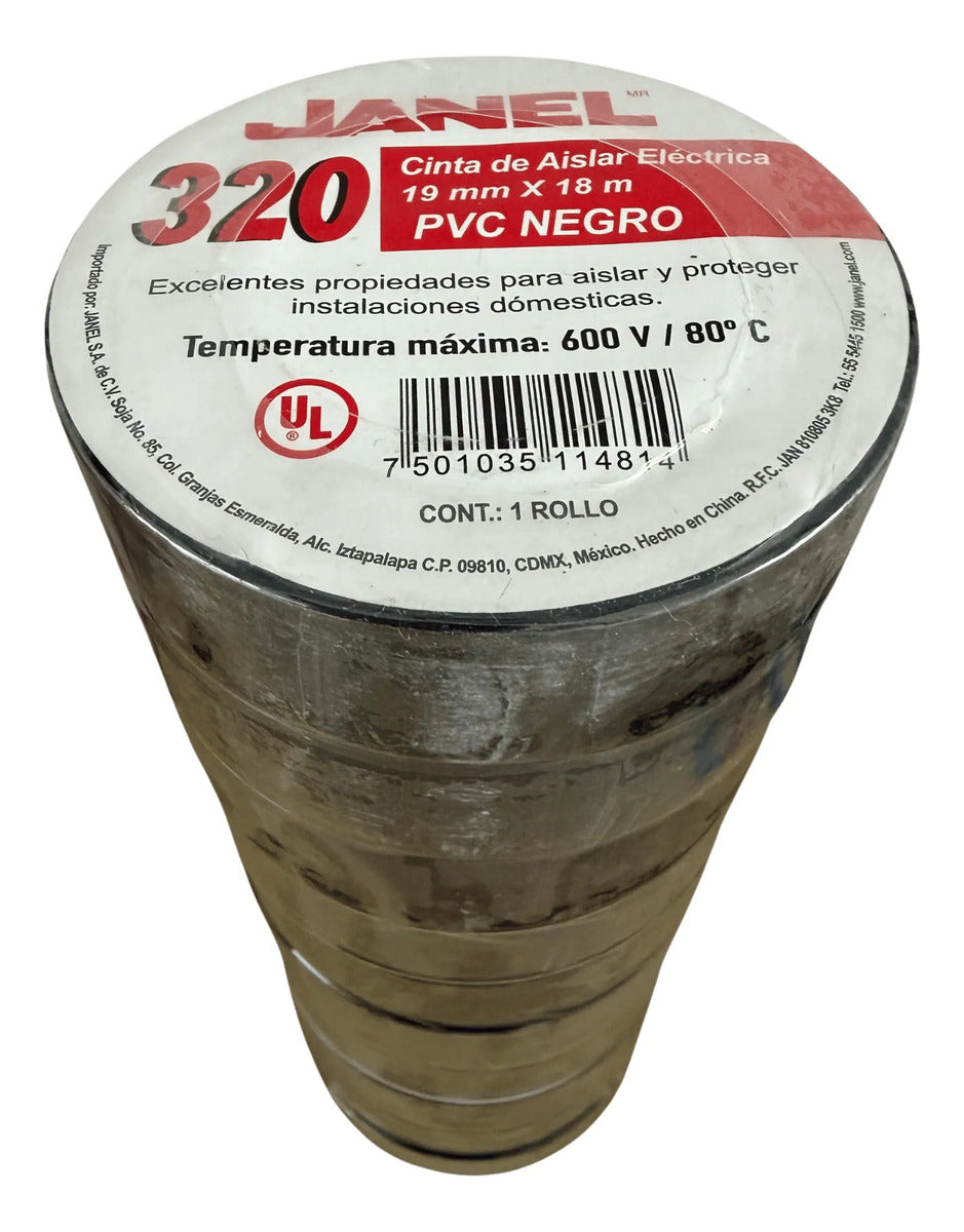 Cinta Aislante Eléctrica Negra Janel Pvc 19mm X 18m  10 Pzas
