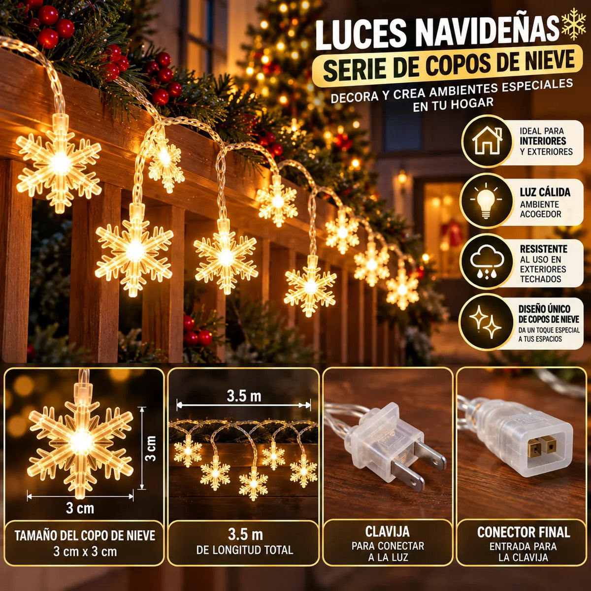 Serie Guirnalda Navideña Copo Nieve 20 Luces 3.5m Navidad