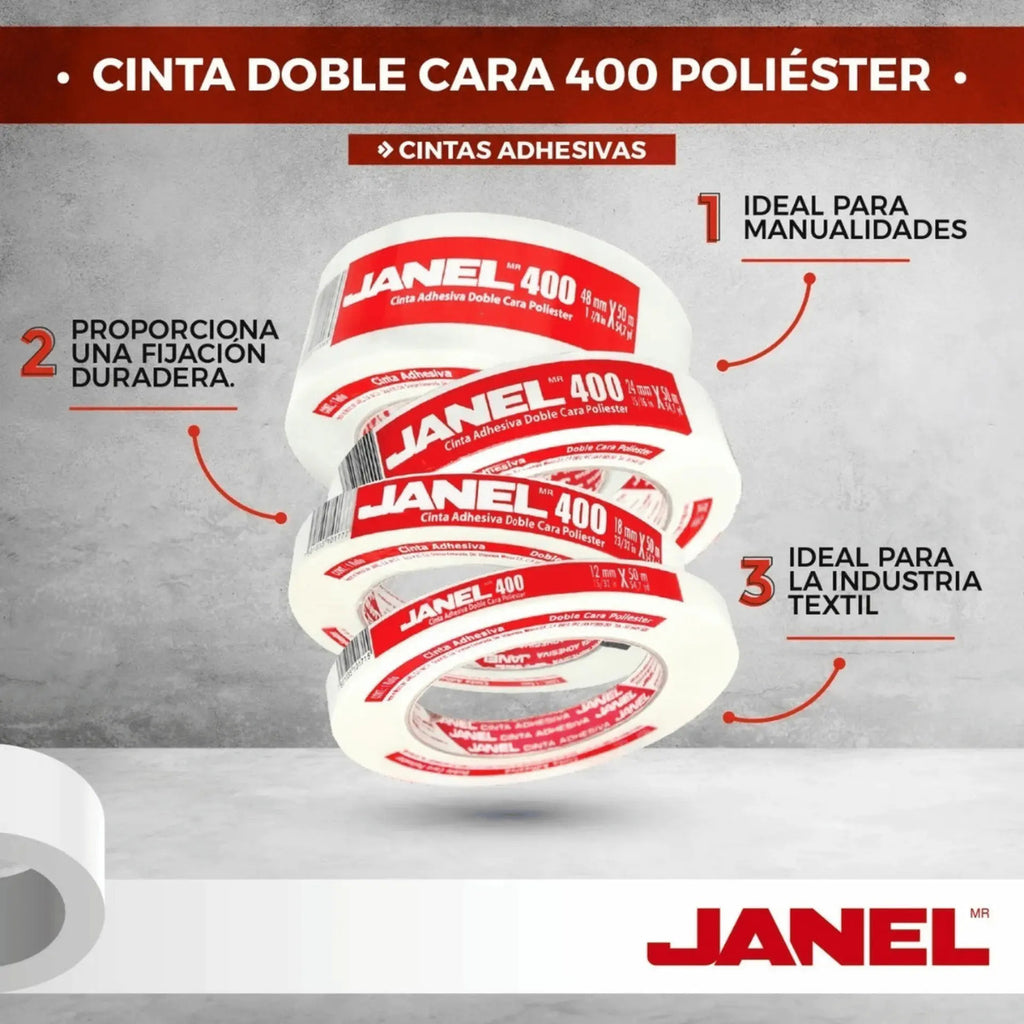 Cinta Doble Cara Poliester 400 Janel 18 Mm X 50m 12 Pzas