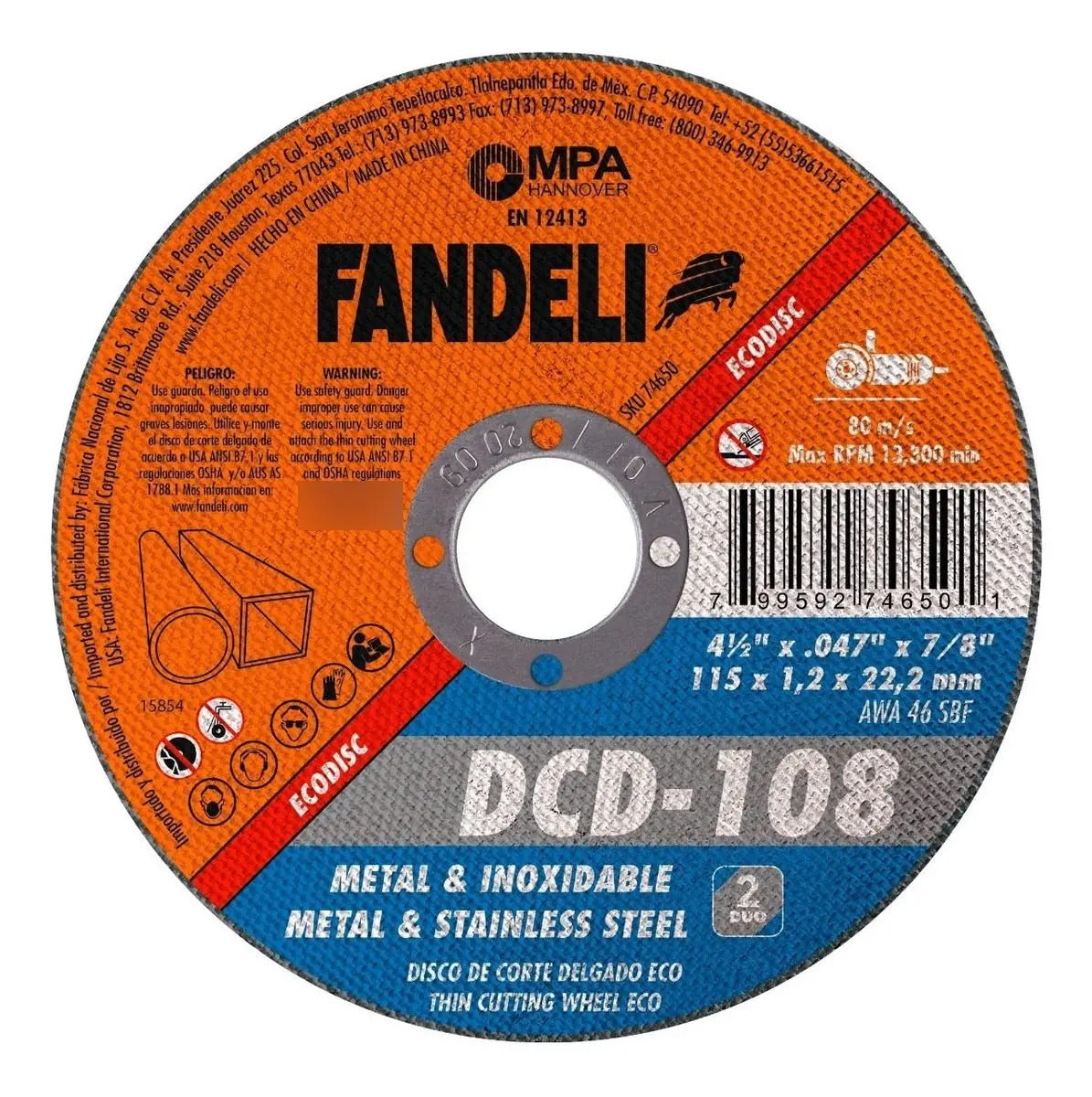 Disco Duo Corte Acero/ Inox Fandeli Dcd-108  4.5 Pulg 25 Pz