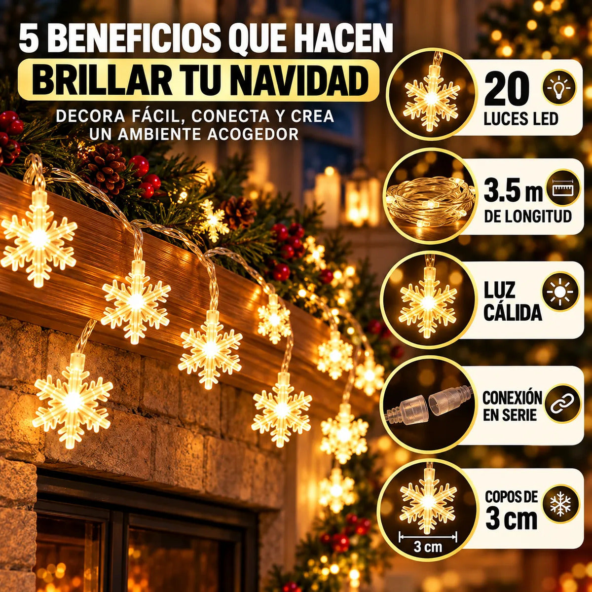 Serie Guirnalda Navideña Copo Nieve 20 Luces 3.5m Navidad