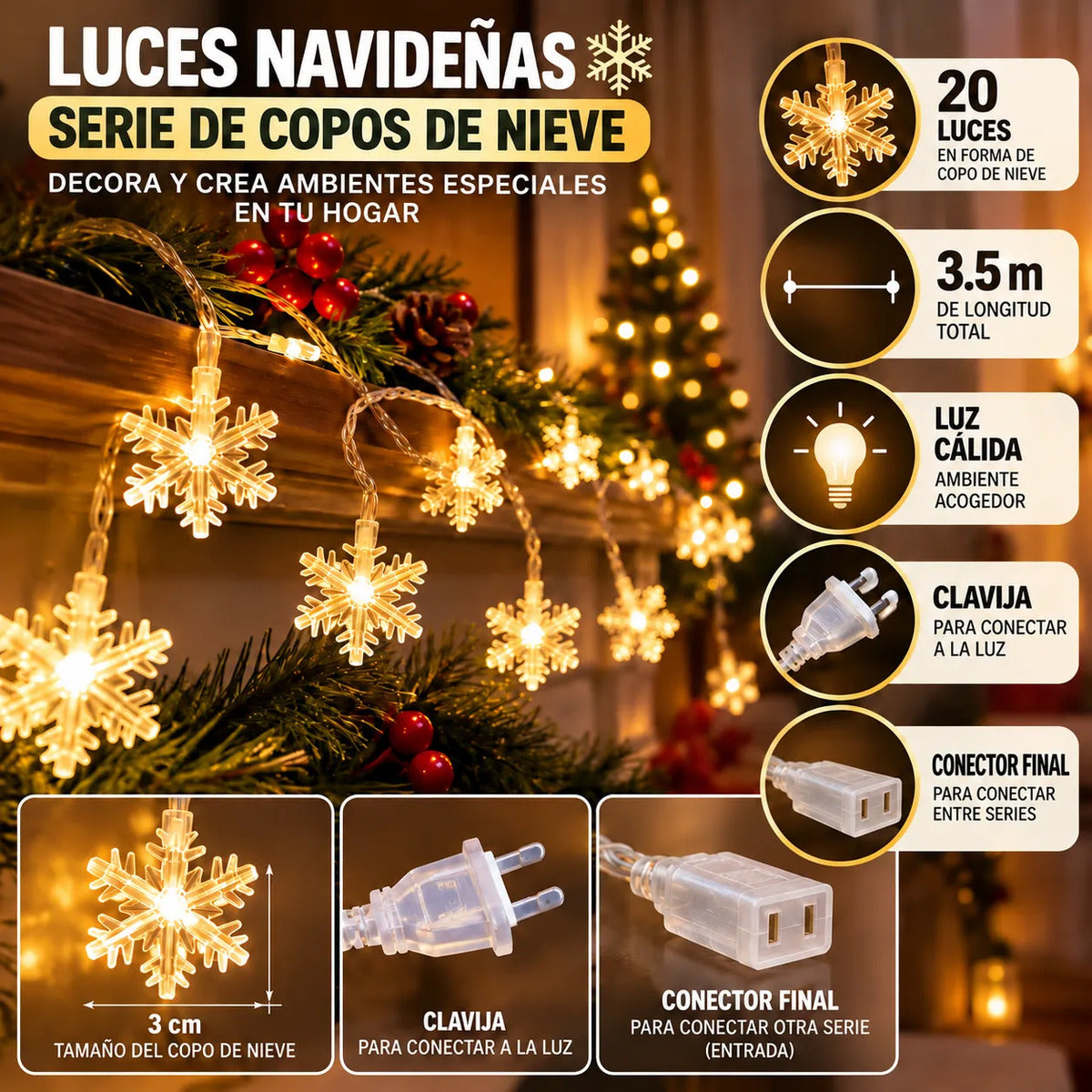 Serie Guirnalda Navideña Copo Nieve 20 Luces 3.5m Navidad