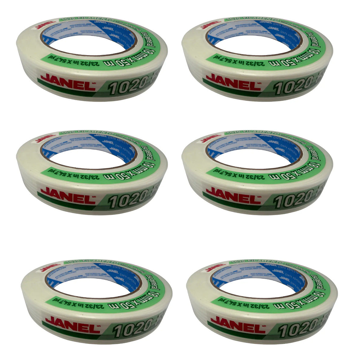 Cinta Adhesiva Doble Filamento 1020 Janel 18 Mm X 50m 6 Pzas