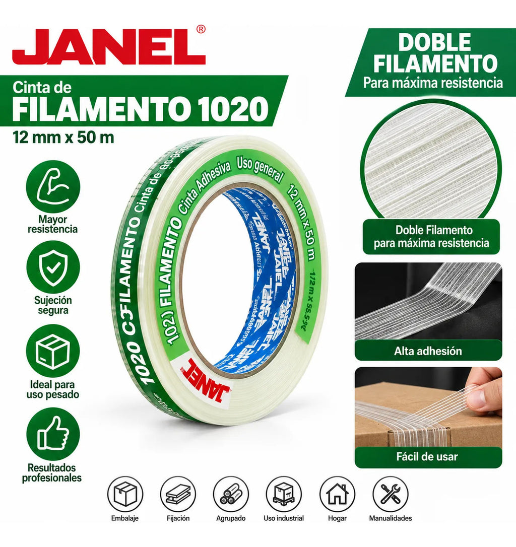 Janel Cinta Adhesiva Doble Filamento 1020 X 12mm X 50 M 1 Pz