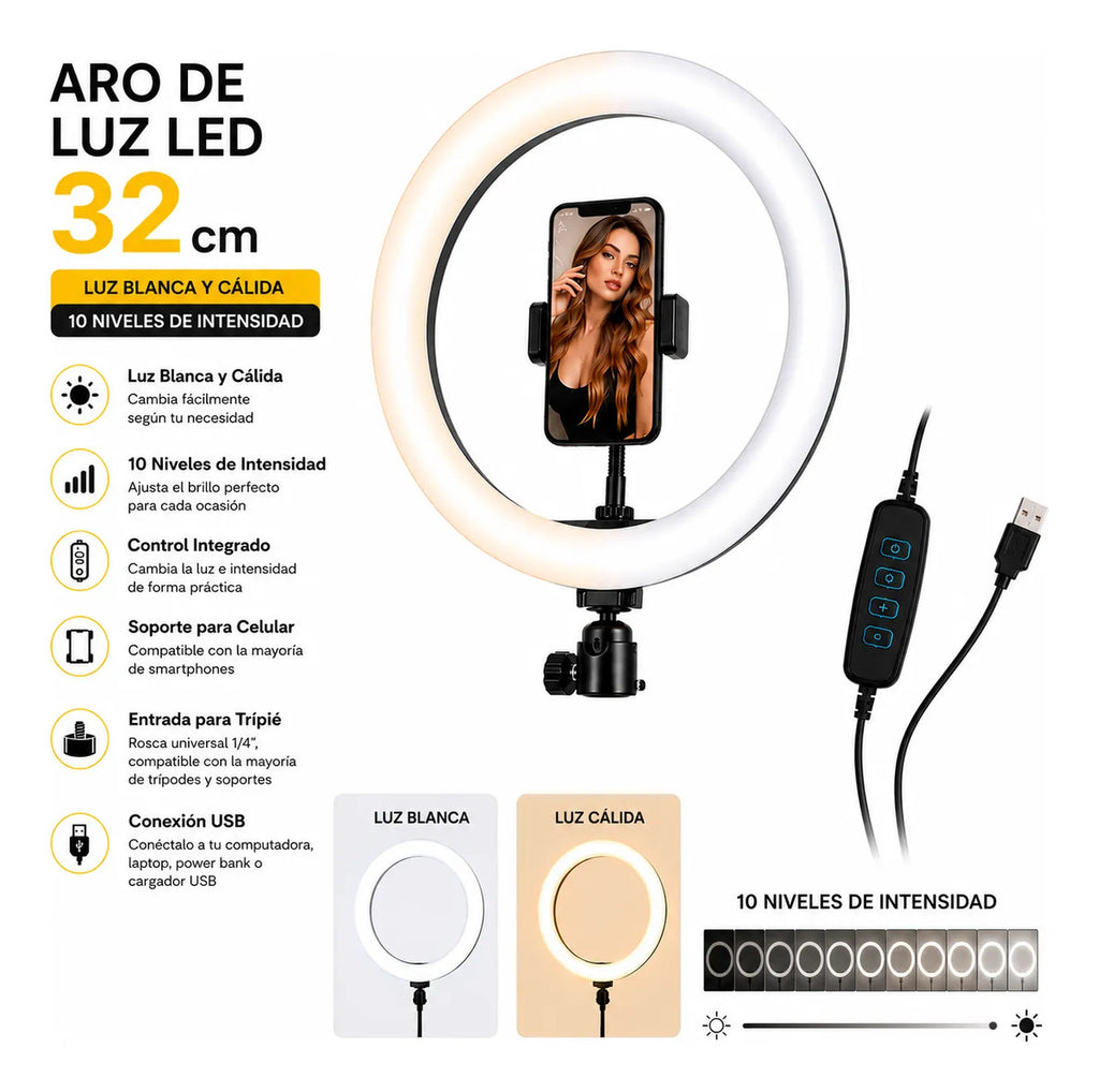 Saga Aro Luz Led 12 Pulg Tiktok Maquillaje 10 Niveles Intens