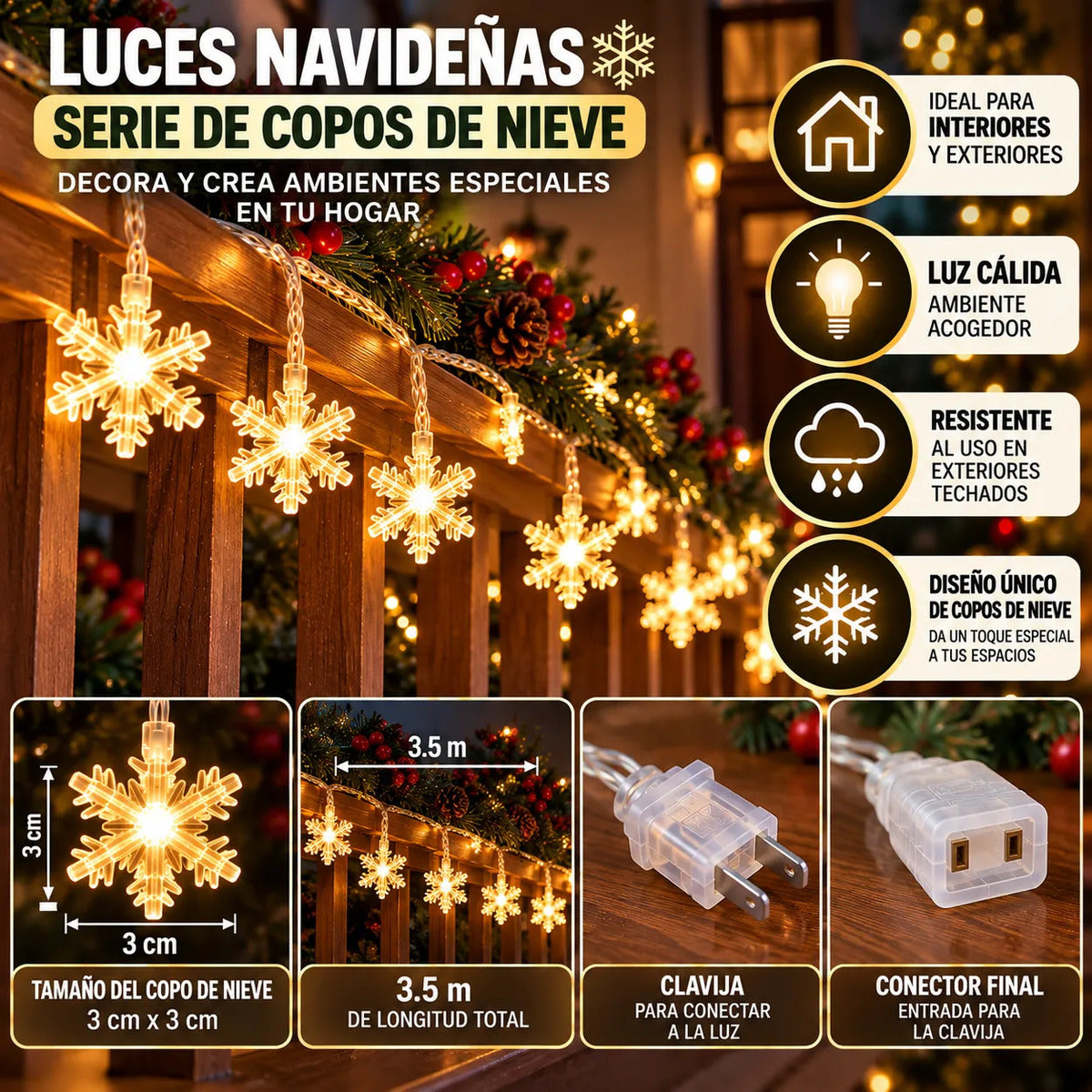Serie Guirnalda Navideña Copo Nieve 20 Luces 3.5m Navidad