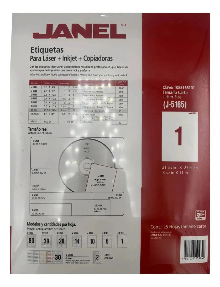 Etiqueta Tamaño Carta Janel J-5165 500 Hojas Para Impresion