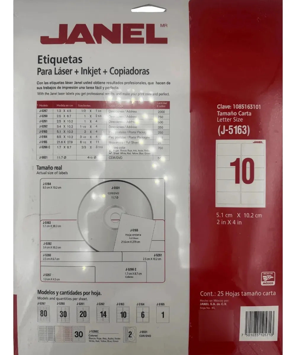 Etiqueta Laser Janel 5.1x10.2cm J-5163 Impresora Copia  2500
