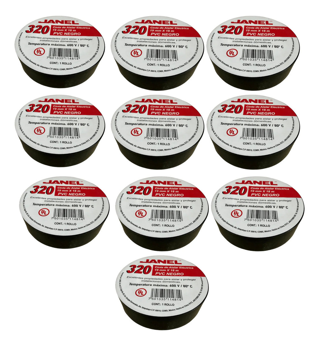 Cinta Aislante Eléctrica Negra Janel Pvc 19mm X 18m  10 Pzas