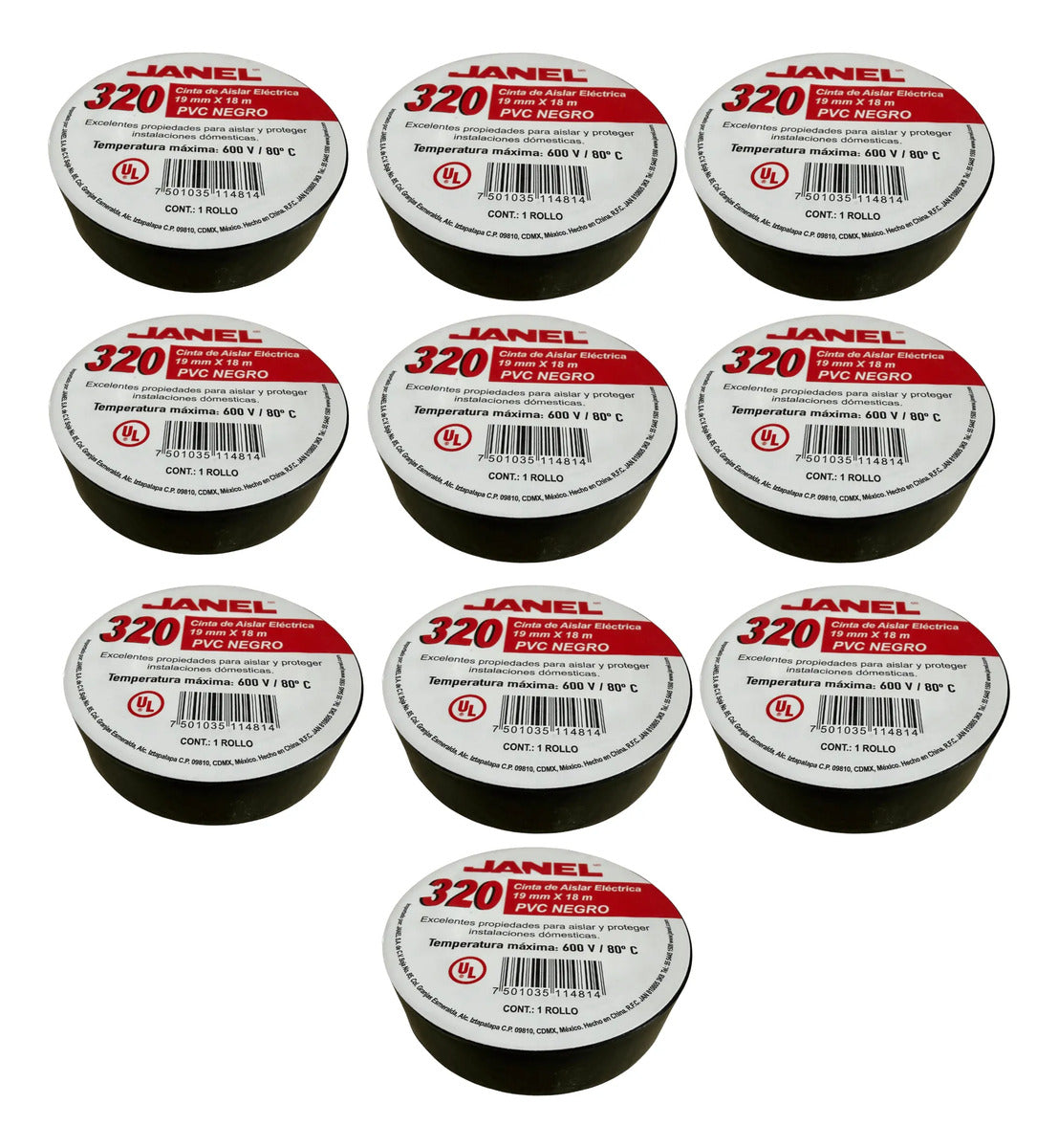 Cinta Aislante Eléctrica Negra Janel Pvc 19mm X 18m  10 Pzas