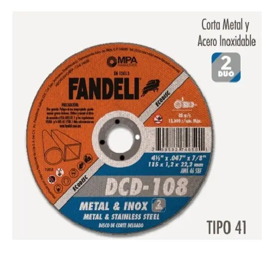 Disco Duo Corte Acero/ Inox Fandeli Dcd-108  4.5 Pulg 25 Pz