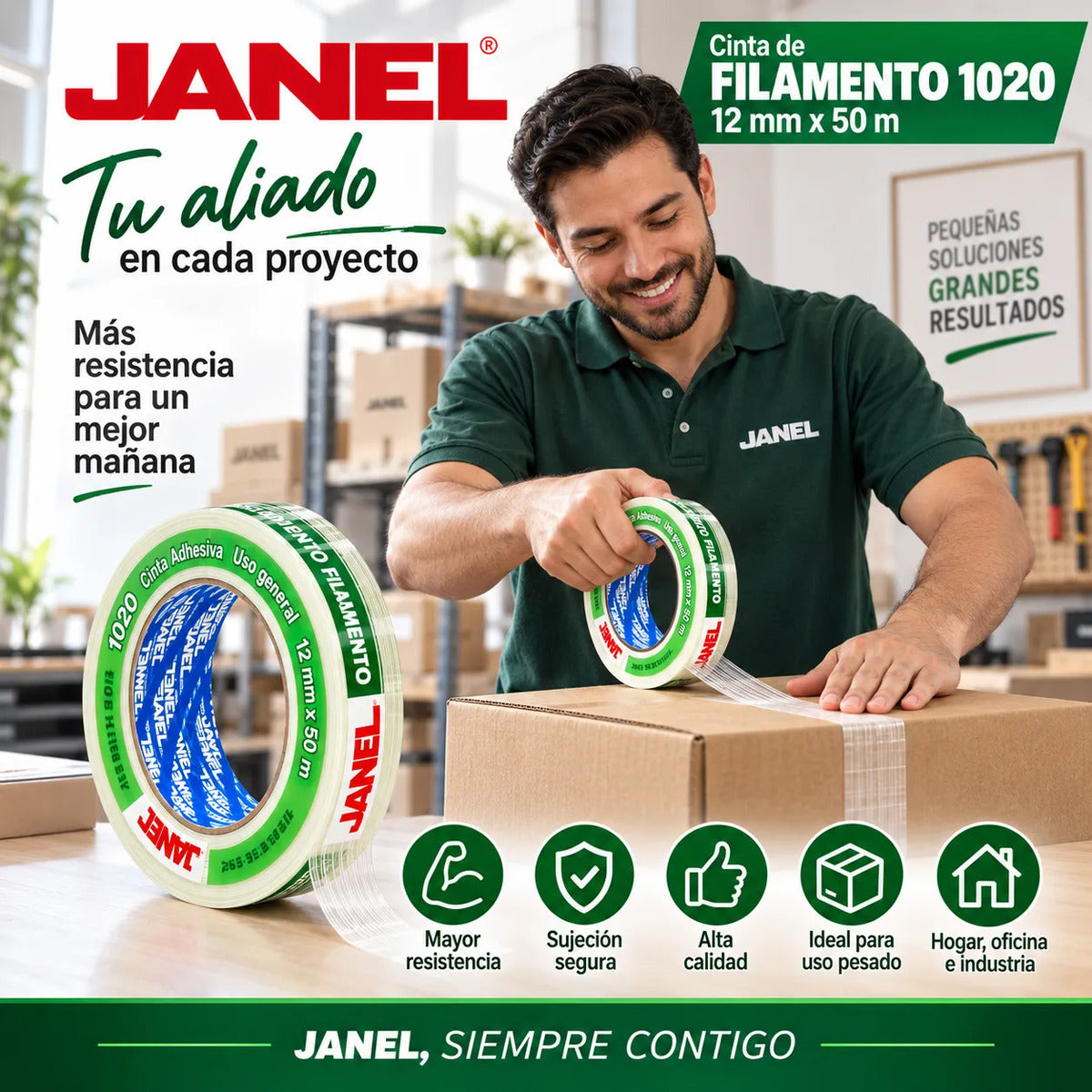 Janel Cinta Adhesiva Doble Filamento 1020 X 12mm X 50 M 6 Pz